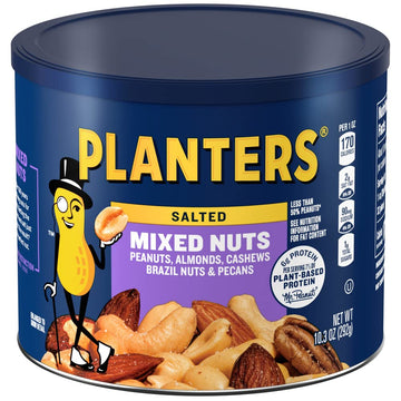 Planters Salted Mixed Nuts, Party Snacks, Plant-Based Protein 10.3Oz (1 Canister)