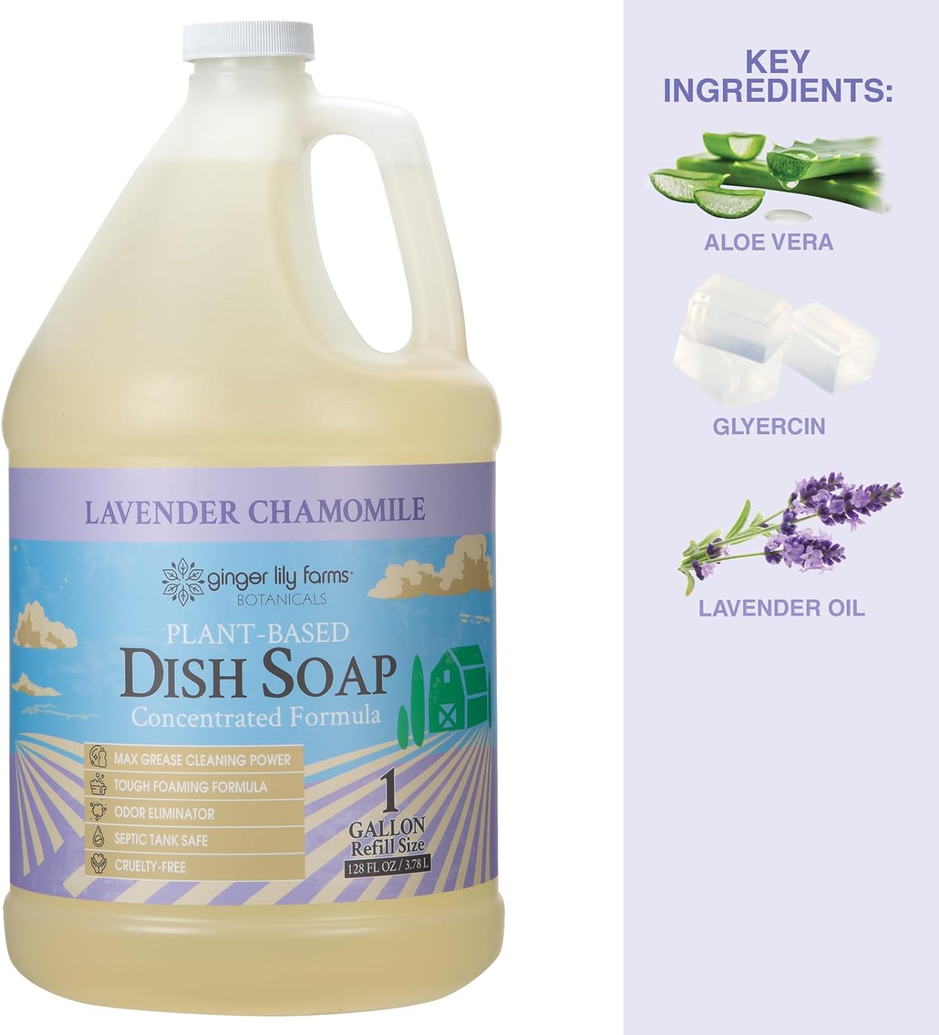 Ginger Lily Farms Botanicals Plant-Based Liquid Dish Soap, Concentrated Formula with Max Grease Cleaning Power, Cruelty-Free, Lavender Chamomile Scent, 1 Gallon Refill (128 Fl. Oz.) : Health & Household