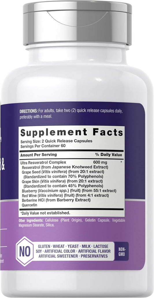 Horbäach Resveratrol Berberine Grape Seed & Quercetin | with Blueberry & Red Wine Extract | 120 Capsules | Non-GMO, Gluten Free Supplement