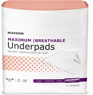 McKesson Maximum Breathable Underpads, Incontinence Bed Pads, Maximum Absorbency, 24 in x 36 in, 5 Count