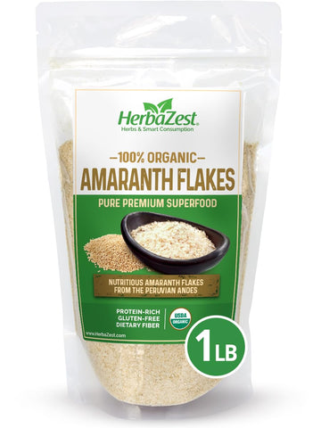 HerbaZest Amaranth Flakes Organic - 1 LB - USDA Certified, Vegan & Gluten Free Superfood - Convenient & Healthy Addition to Yogurt, Cereal, Smoothies, Baked & Non-Baked Goods