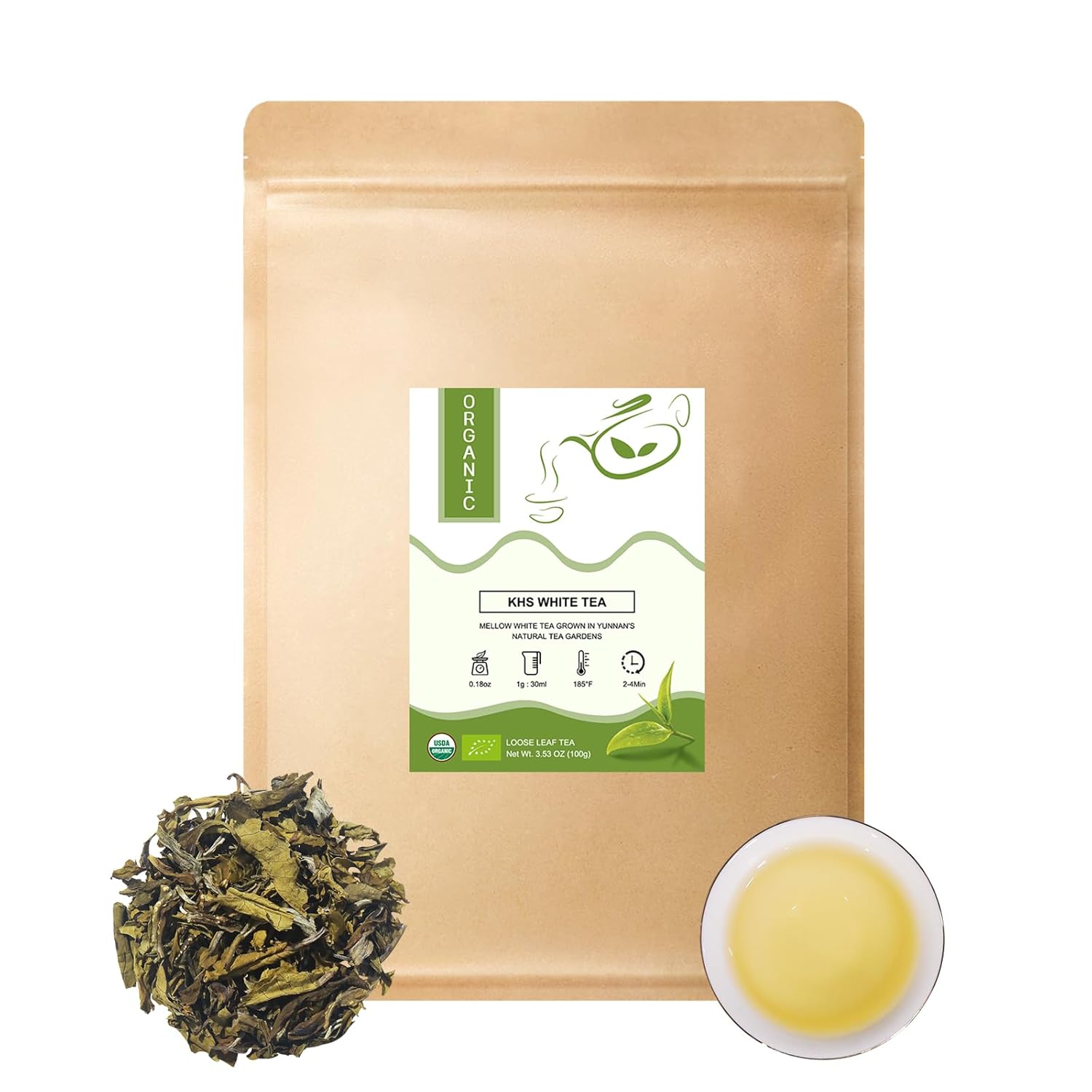 Khs White Tea Loose Leaf, 3.53 Oz Organic White Tea With Usda Certified, White Tea Leaves From Yunnan High Elevation Grown, Pure White Tea For Hot Or Iced Tea Beverages-100G
