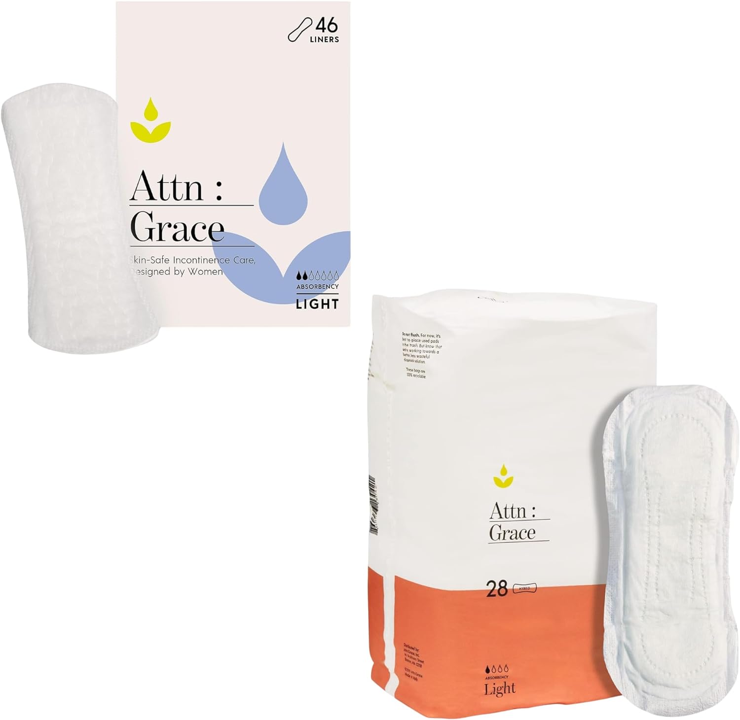 Attn: Grace Panty Liners (46-Pack) And Light Incontinence Pads (28-Pack) - Light Absorbency Sensitive Skin Protection For Bladder Leaks Or Postpartum/Discreet, Breathable, & Plant-Based