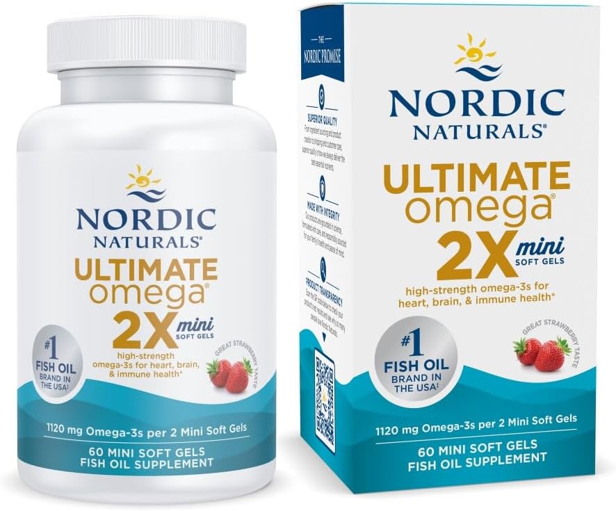 Nordic Naturals Ultimate Omega 2X Mini, Strawberry Flavor - 60 Mini Soft Gels - 1120 mg Omega-3 - High-Potency Omega-3 Fish Oil Supplement - EPA & DHA - Promotes Brain & Heart Health - 30 Servings