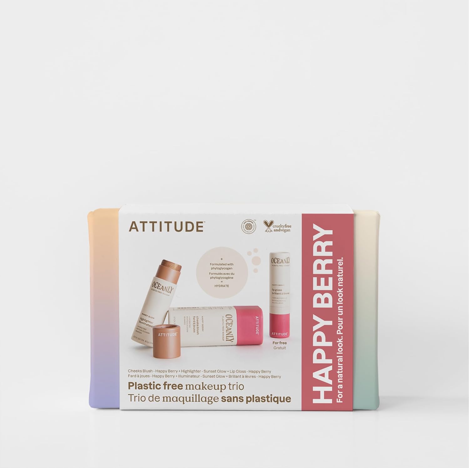 ATTITUDE Happy Berry Makeup Trio Set, EWG Verified, Titanium Dioxide-Free, Plastic-free, Plant and Mineral-Based Ingredients, Vegan and Cruelty-free Beauty Products, Set of 3 Makeup Sticks