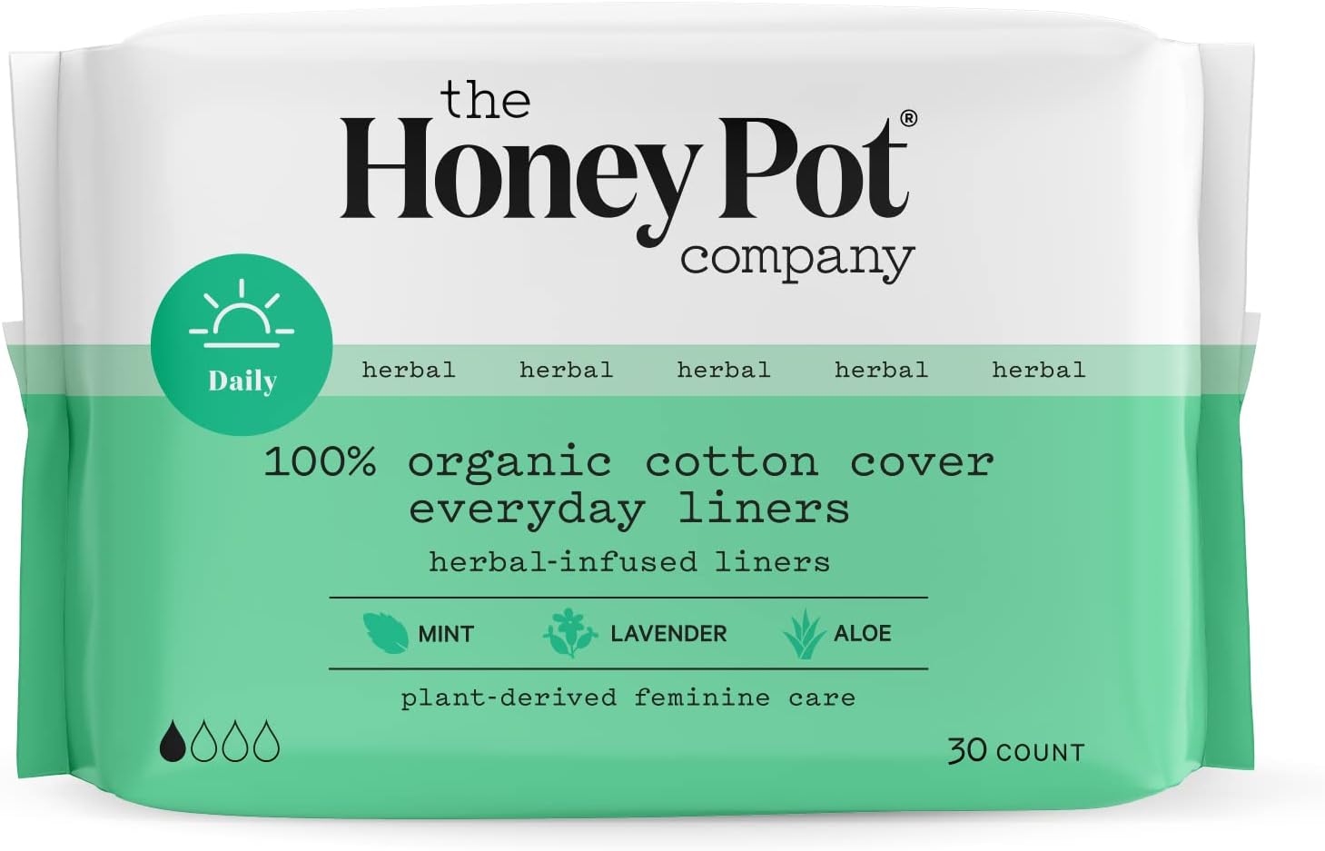 The Honey Pot Company Everyday Panty Liners, Herbal-Infused Clean Cotton Pantiliners, Plant-Derived Feminine & Menstrual Care, Green, Pantiliner, 30 Count