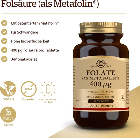 Solgar Folate (as Metafolin®) 400 µg Tablets - Food Supplement, Pack of 100 - For pregnancy and those trying to conceive - Wellbeing for men and women - Vegan