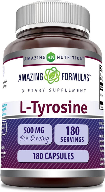 Amazing Formulas L Tyrosine 500mg Capsules Supplement | Non-GMO | Gluten Free | Made in USA (180 Count (Pack of 1))