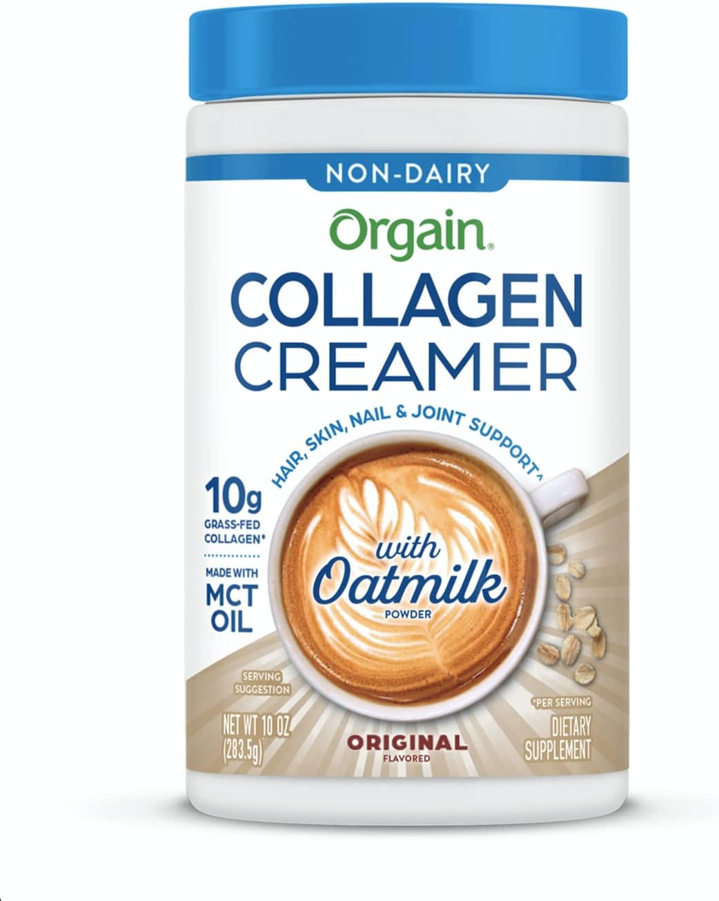 Orgain Collagen Coffee Creamer, 10g Grass Fed Hydrolyzed Collagen Peptides, Original - With Organic Oat Milk Powder, Coconut Oil, MCT Oil, Avocado Oil, Hair, Skin, Nail, & Joint Support - 10oz