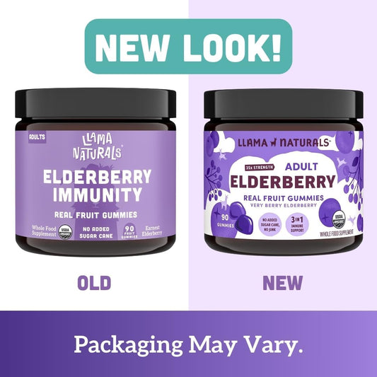 Llama Naturals Real Fruit Sambucus Elderberry Gummies For Adults | No Added Sugar Cane, Vegan, Organic Immune Support | Zinc & Natural Vitamin C | Immunity For Women, Men | 90 Gummies (30 Day)
