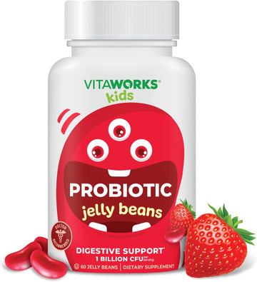 Kids Probiotics 1 Billion CFU Jelly Beans - Tasty Natural Strawberry Blast Flavor - Vegetarian, GMO-Free, Nut Free - Dietary Supplement - Digestive Support for Children - 60 Jellies