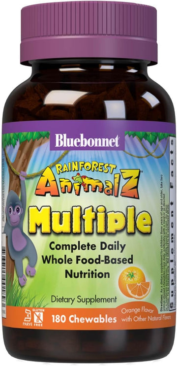 Bluebonnet Nutrition Rainforest Animalz Whole Food Based Multiple Chewable Tablet, Kids Multivitamin & Mineral, Vitamin C, D3, Iron, Gluten Free, Milk Free, Kosher, 180 Chewable Tablets, Orange Flavor