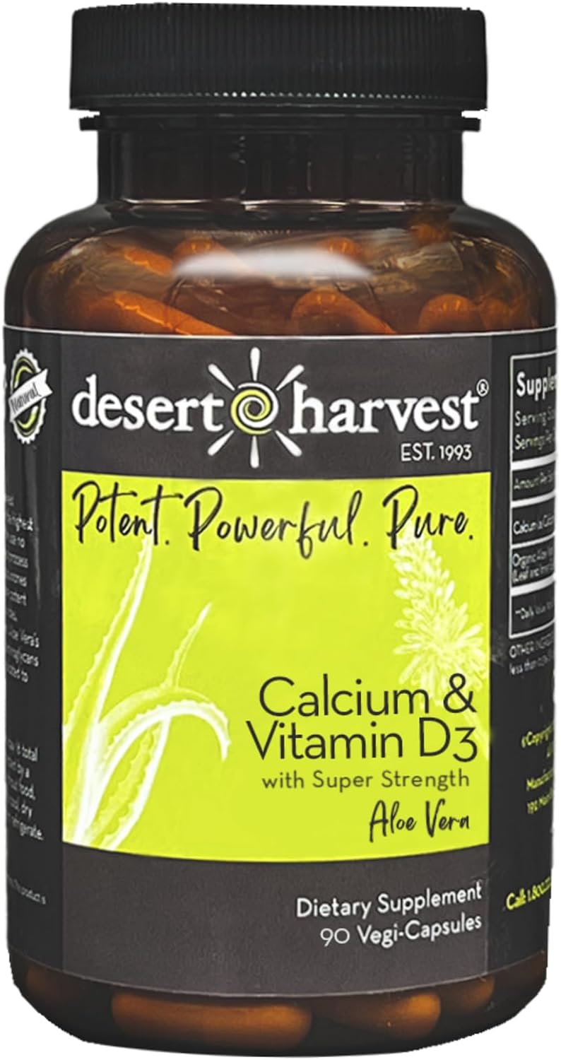 Desert Harvest Calcium Carbonate 250 mg + Vitamin D3 100 IU Supplement with Aloe Vera for Absorption, 90 Capsules