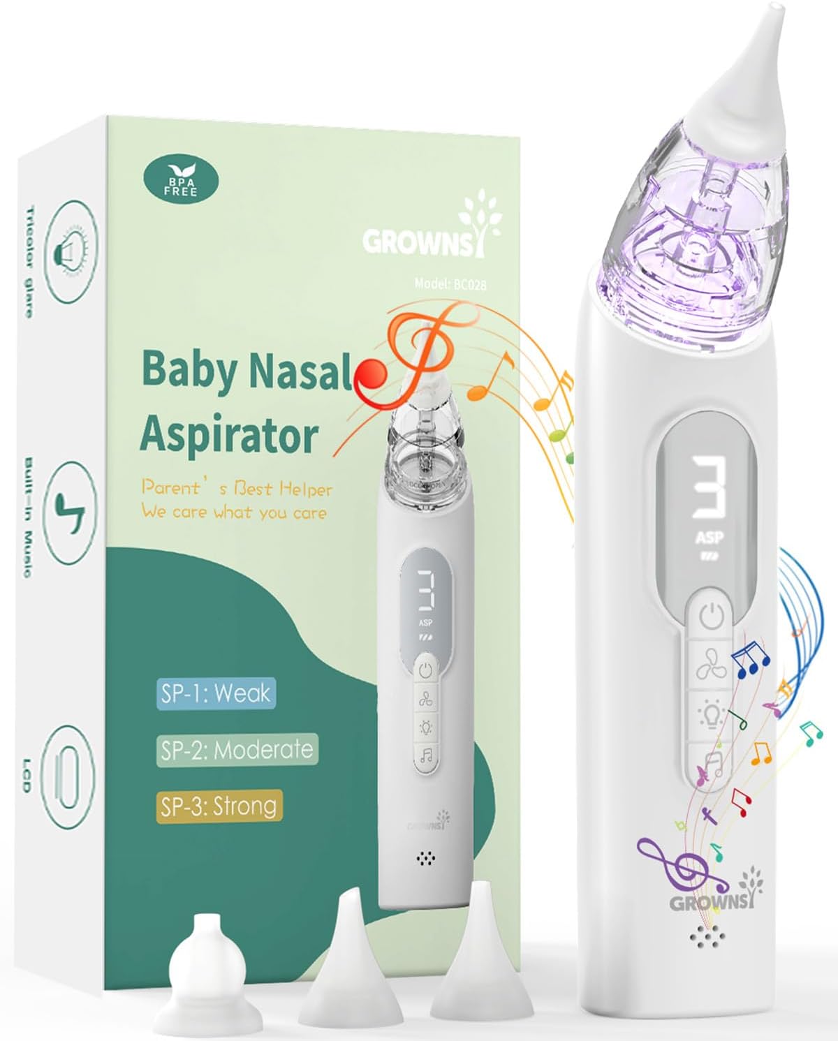 GROWNSY Upgrade Nasal Aspirator for Baby, Rechargeable Baby Nose Sucker, Electric Nose Suction for Baby with Advanced Soothing Music and Light Design, Food-Grade Silicone Tips, 3 Suction Modes