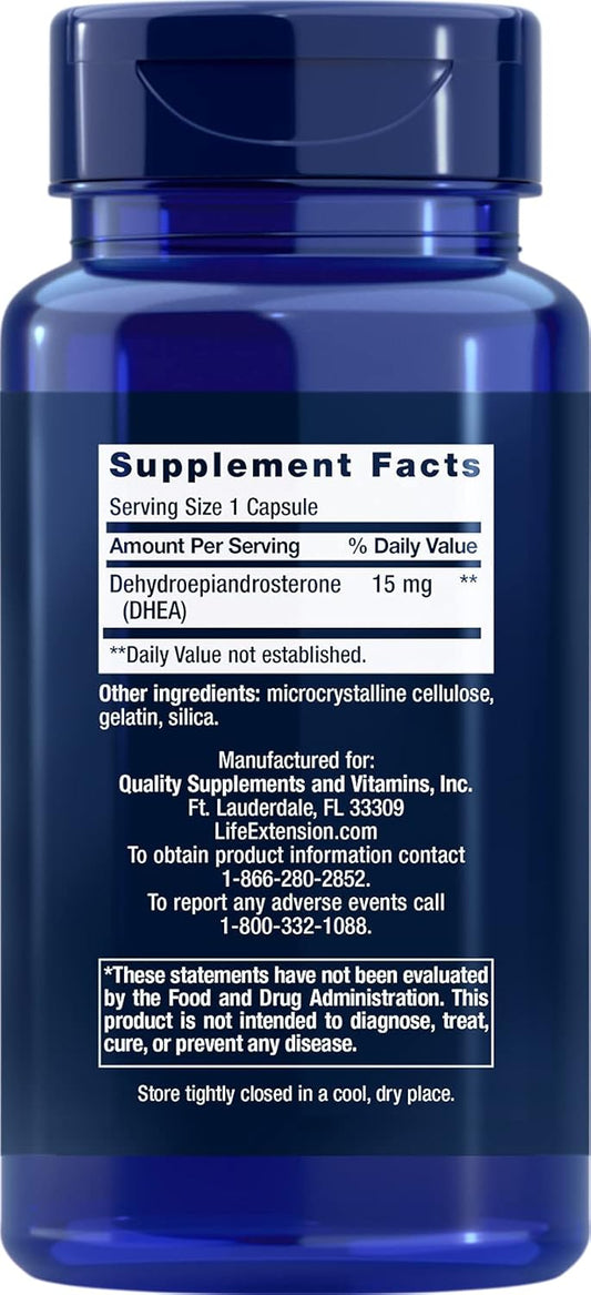 Life Extension DHEA 15mg - For Hormone Balance, Immune Support, Lean Muscle Mass, Anti-Aging, Bone and Sexual Health - Supports Memory & Mood - Gluten-Free, Non-GMO - 100 Capsules