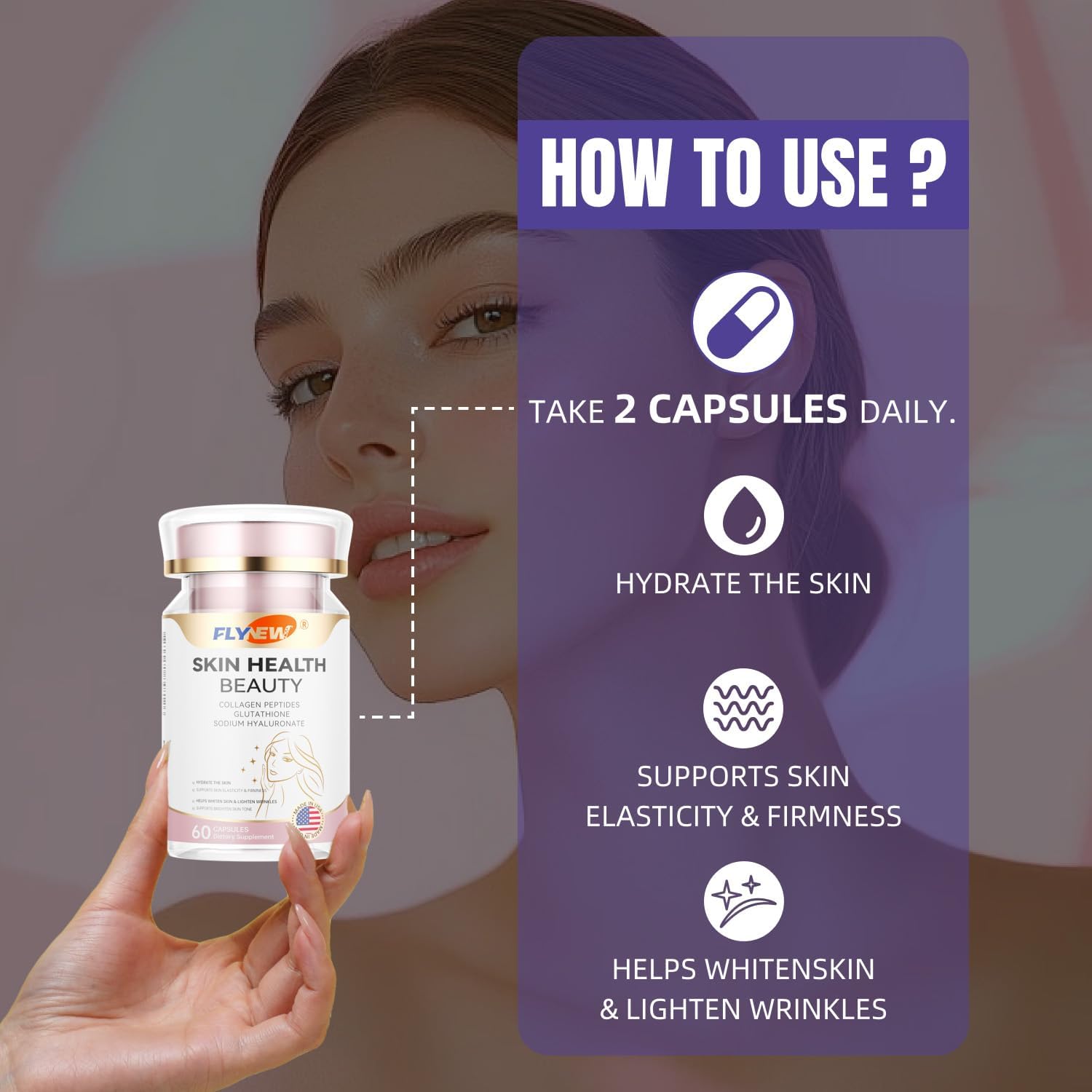 Flynew Skin Health Beauty, Collagen Capsules For Beauty, Hair, Skin, Nail &Joint Health, Collagen Peptides, Vitamin C, E, Support Hair Strength & Fullness, Gmp, Made In Usa 60 Capsules : Health & Household