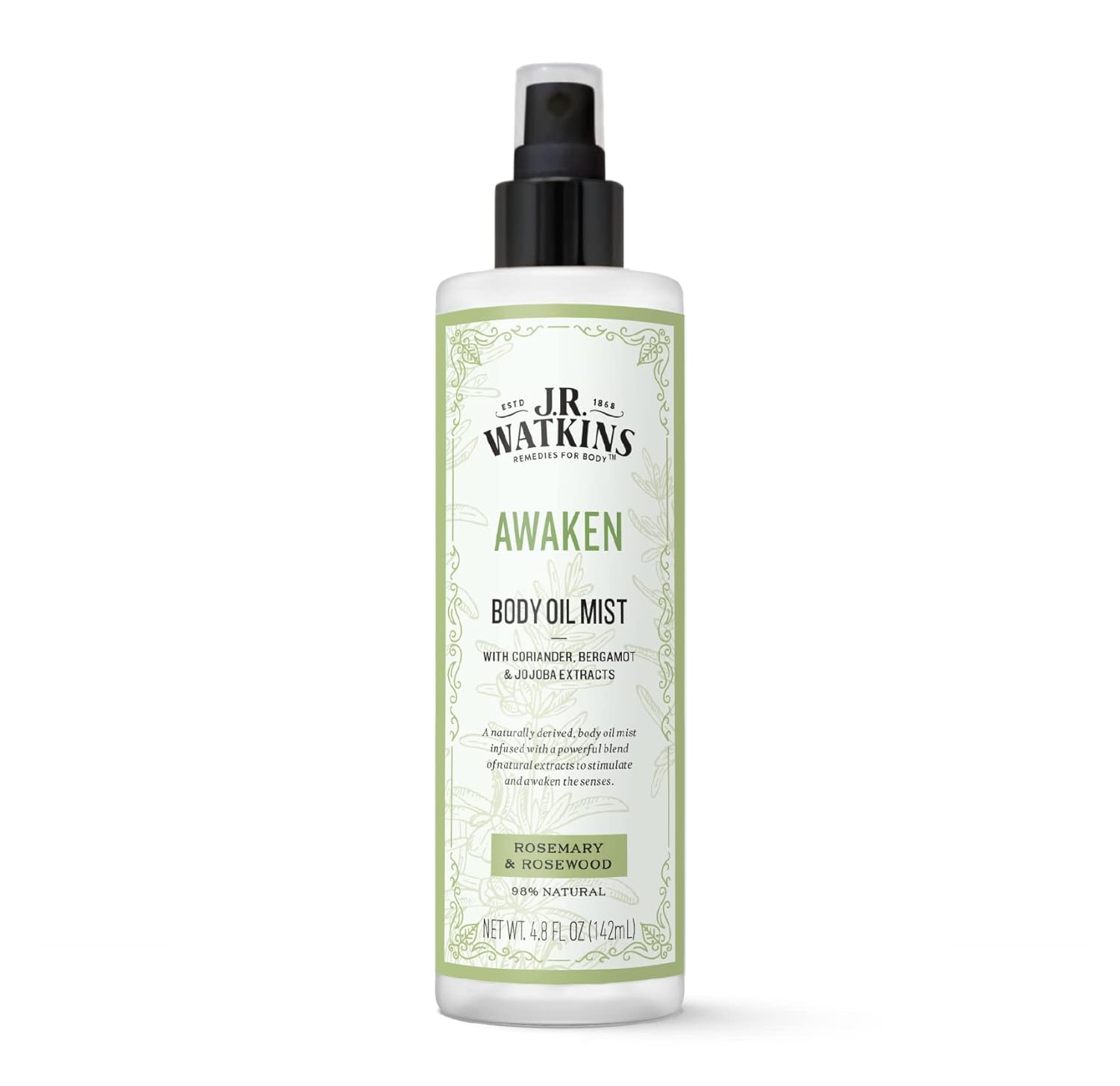 J.R. Watkins Awaken Body Oil Mist, Hydrates Skin, Stimulates And Awakens Senses, Natural Rosemary & Rosewood, 4.8 Oz