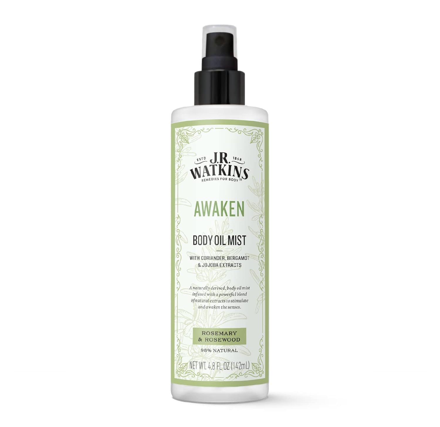 J.R. Watkins Awaken Body Oil Mist, Hydrates Skin, Stimulates And Awakens Senses, Natural Rosemary & Rosewood, 4.8 Oz