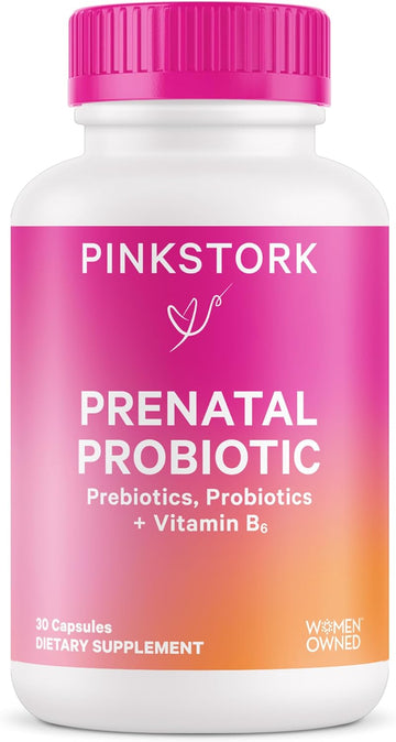 Pink Stork Prenatal Probiotics For Women - Morning Sickness, Gut Microbiome, And Immune Support - Pregnancy Probiotic With Prebiotics And Vitamin B6 - Pregnancy Must Haves, 30 Capsules