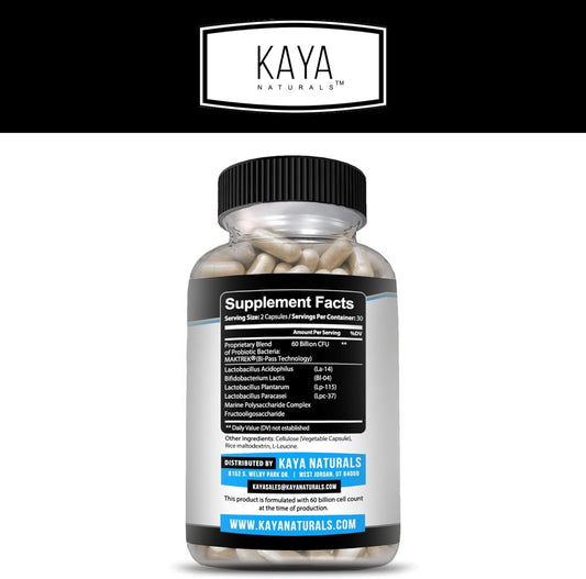 Kaya Naturals Probiotic 60 Billion Cfu | Probiotics For Women, Probiotics For Men And Adults, Natural | Gut Health & Immune Support Supplement | Provides Digestive Support - 60 Vegetable Capsules