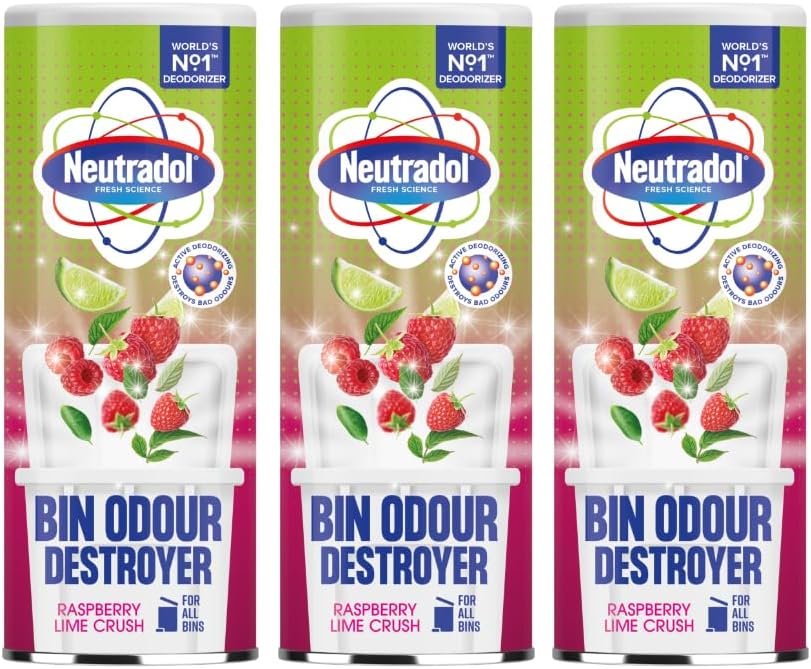 Neutradol Dustbin Odour Destroyer, Bin Freshener Deodorising Powder, Odour Eliminator For Indoor & Outdoor Bins, Raspberry Lime Crush, Multipack Of 3 X 350G