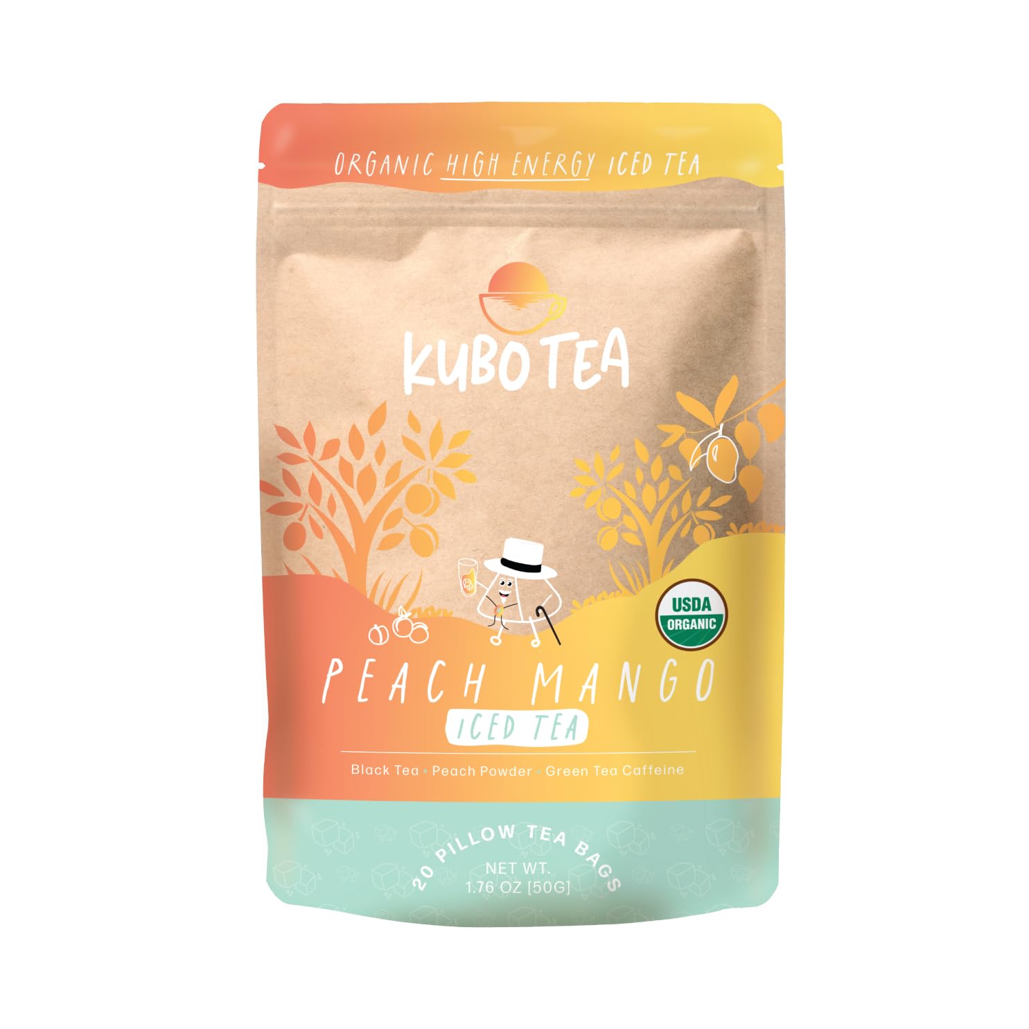 Kubo Tea, Peach Mango Black Iced Tea, Organic High Caffeine Tea, 20 Servings (155Mg Caffeine Each), Pillow Tea Bags, Compostable Packaging, Healthy Coffee Substitute