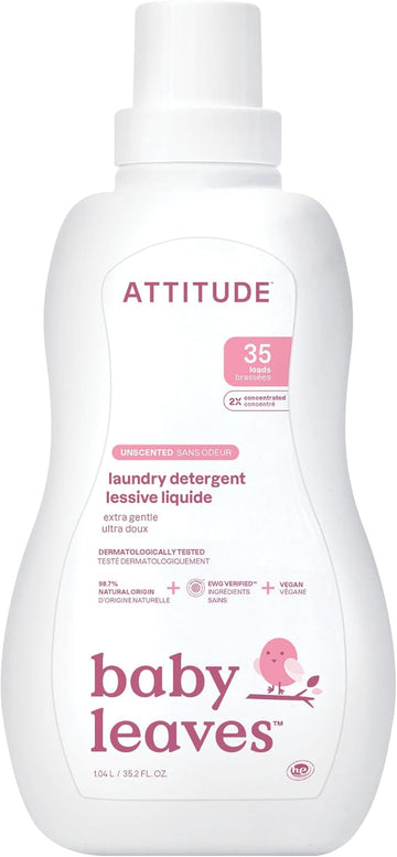 Attitude Baby Laundry Detergent, Ewg Verified, Plant And Mineral-Based Formula, He Compatible, Vegan Household Products, Unscented, 35 Loads, 35.5 Fl Oz