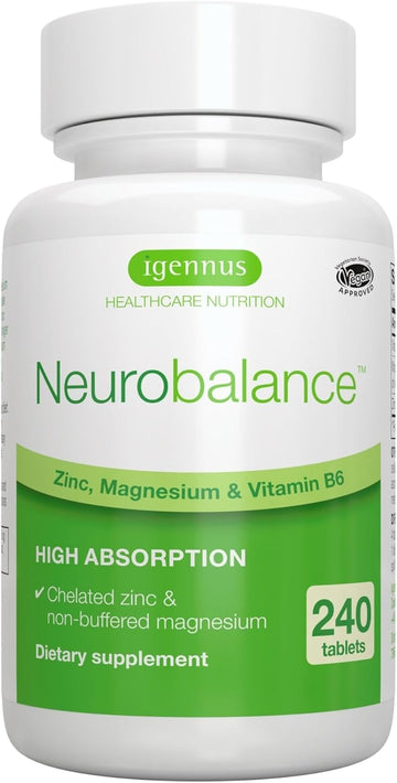 Neurobalance, High Absorption Zinc Magnesium B6 Supplement, Non-Gmo Brain, Sleep & Immune, Chelated Zinc Picolinate 24Mg, Oxide-Free Magnesium & Vitamin B6, 240 Tablets, By Igennus