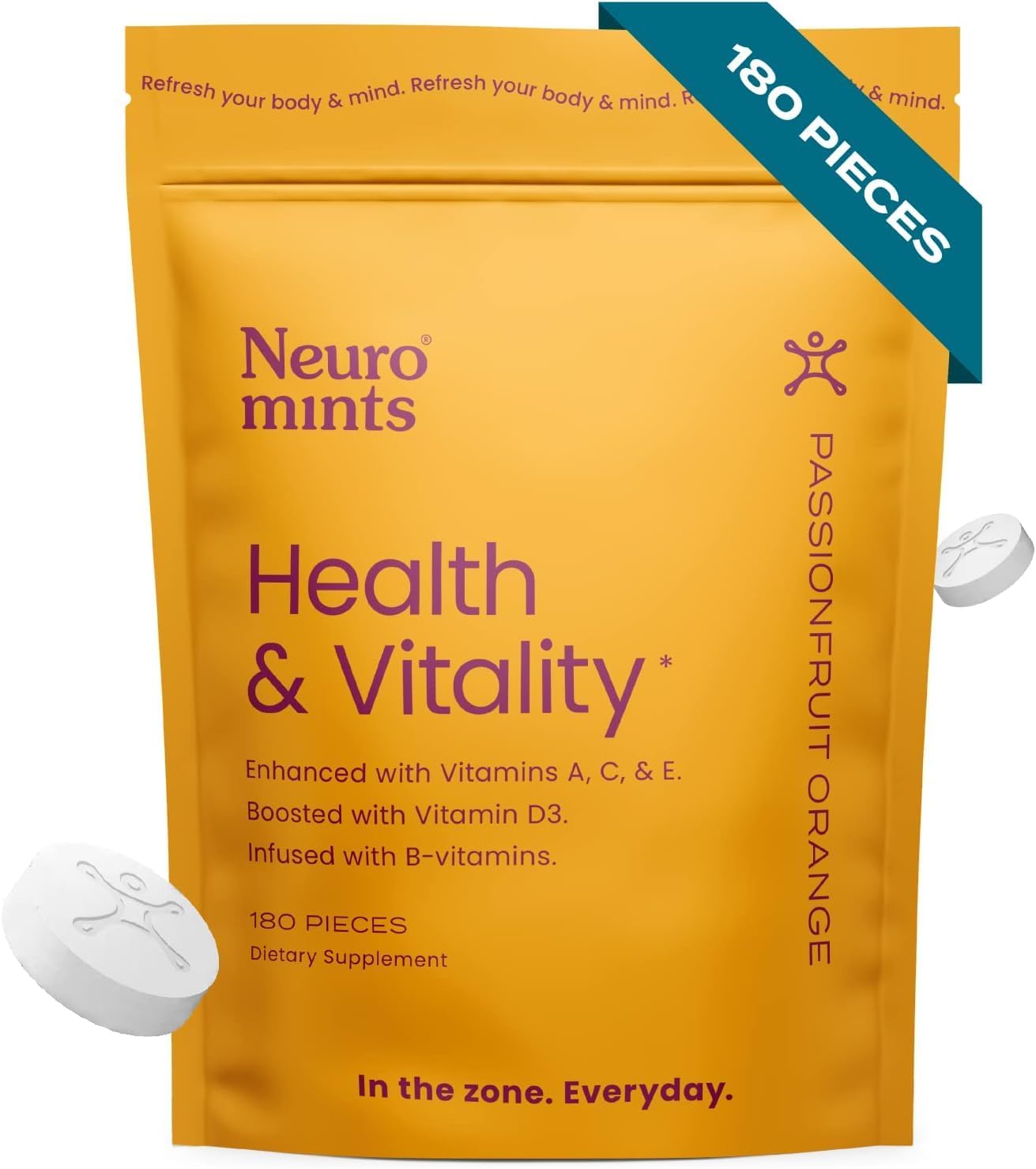 Neuro Mints | Health And Vitality Mints | Vitamin A, C, D3, E, B3, B6, B12, Folate | All Natural + Sugar Free + Vegan + Keto | Multivitamin Supplement For Adults | Passionfruit Orange (180 Mints)