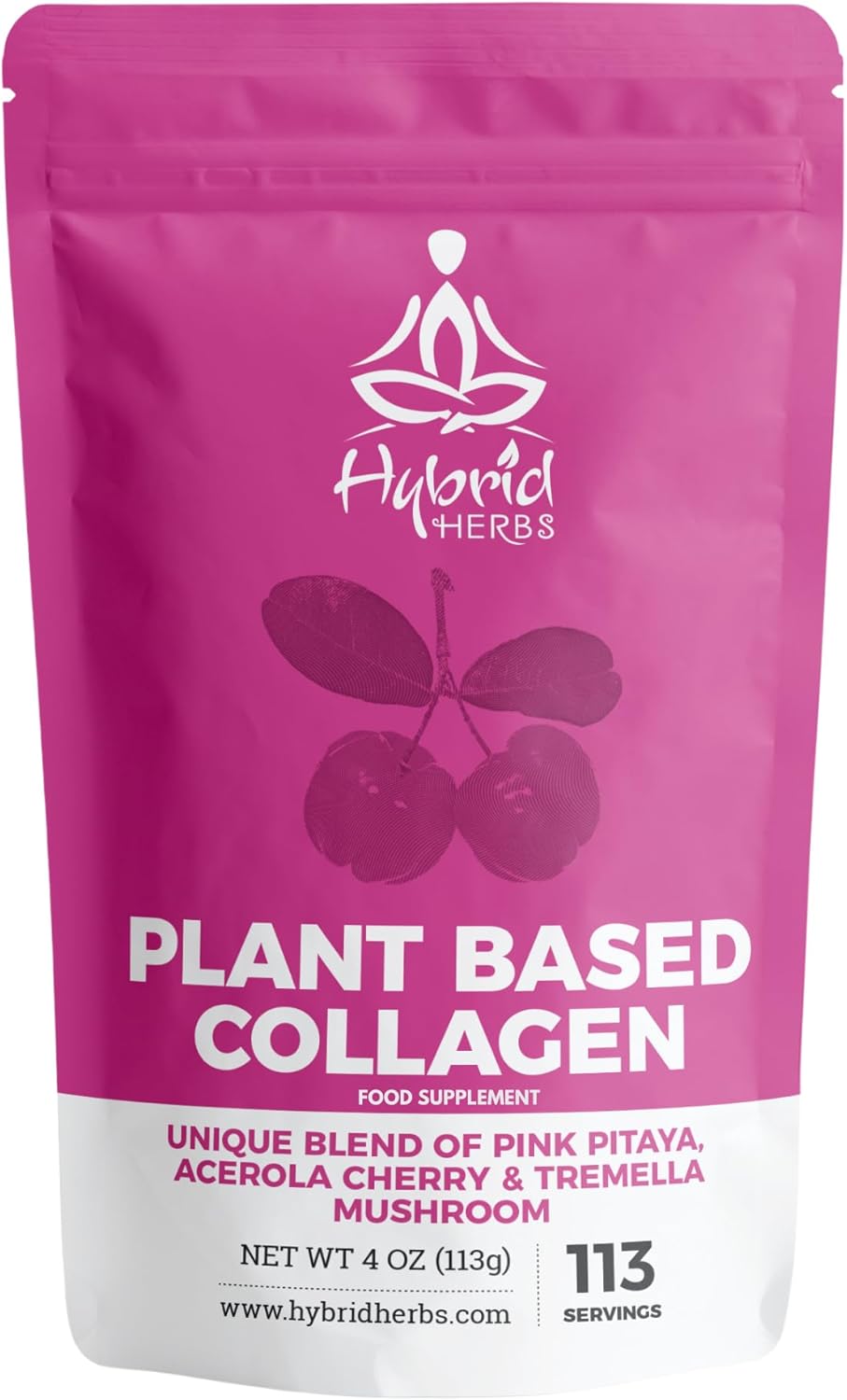 Hybrid Herbs – Plant Based Collagen Powder - Anti Aging Supplement For Skin, Wrinkles, Hair Growth With Pink Pitaya, Acerola Cherry & Tremella Mushroom Extracts | 113 Servings (113G) – Vegan Collagen