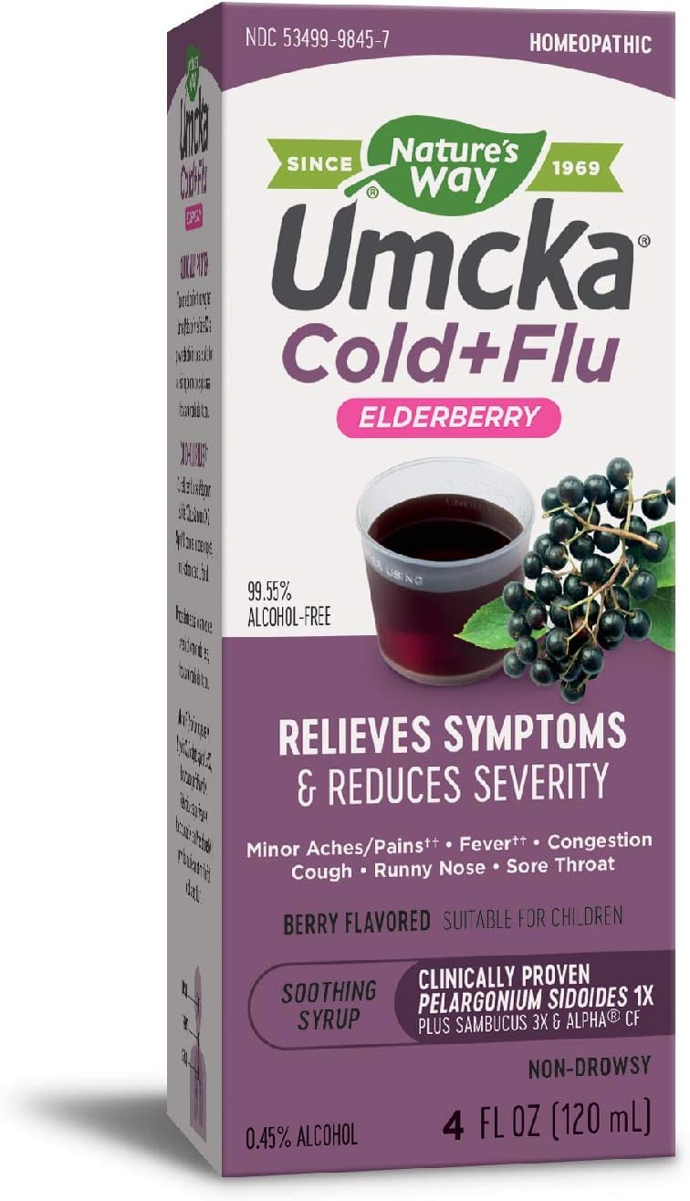 Nature's Way Umcka Cold+Flu Homeopathic, Fever**, Sore Throat, Cough, Congestion, Minor Aches/Pains** , Phenylephrine Free, Non-Drowsy, Berry Flavored, 4 Fl. Oz. Elderberry Syrup