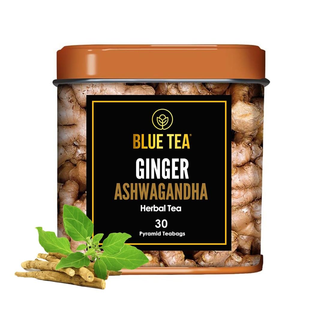 Blue Tea - Ginger Ashwagandha Tea - 30 Count - Plant Based Tea Bags | Ayurvedic Blend | Anti-Oxidant - Caffeine Free - Vegan - Non-Gmo - Gluten Free - 100% Natural | Tin Pack