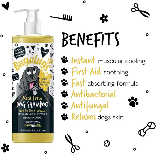 BUGALUGS Dog Shampoo for Itchy Skin Antibacterial And Antifungal Natural Medicated Safe Sensitive Formula - Fast Absorbing Skin Cooling First Aid relief For Cuts Grazes Skin Irritation?5056176297657