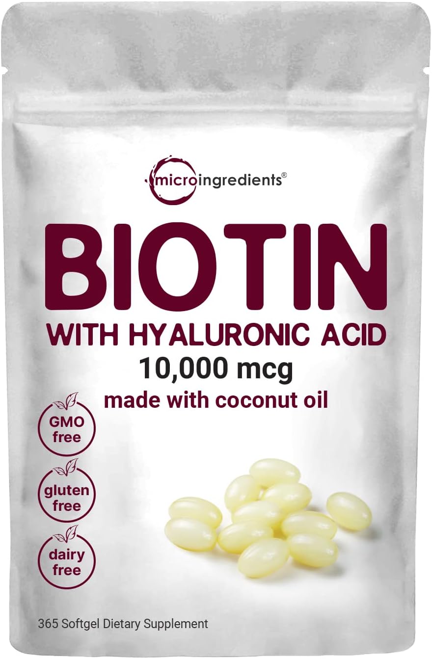 Micro Ingredients Biotin 10,000mcg w/Hyaluronic Acid 25mg | 365 Virgin Coconut Oil Softgels, Fast Release, One Year Supply, Supports Healthy Hair, Skin & Nails, Non-GMO & No Gluten
