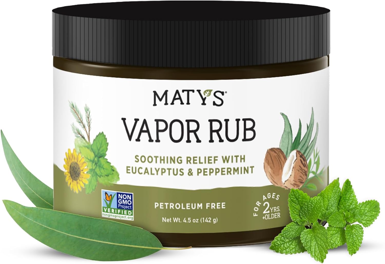 Matys Vapor Rub for Adults & Kids 2 Years Old +, Non-GMO Herbal Chest Rub to Clear Stuffy Noses, Relieve Cough & Congestion, Petroleum Free, Gluten Free with Eucalyptus & Peppermint, New 4.5 oz tub
