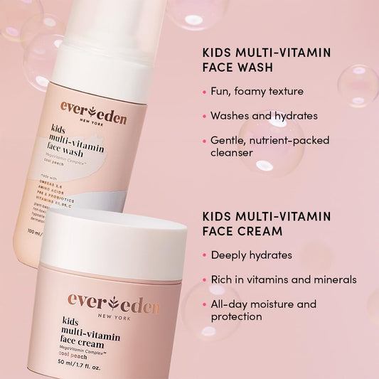 Evereden Kids Happy Face Duo: Kids Face Cream, 1.7 oz. & Kids Face Wash, 3.4 fl oz. | Cool Peach Scent | 2 Item Bundle Set | Plant Based Ingredients | Clean and Natural Skincare for Kids