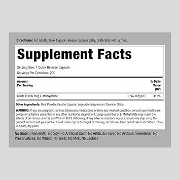 Piping Rock L Methylfolate 1000 mcg | 200 Capsules | Optimized and Activated | Non-GMO, Gluten Free