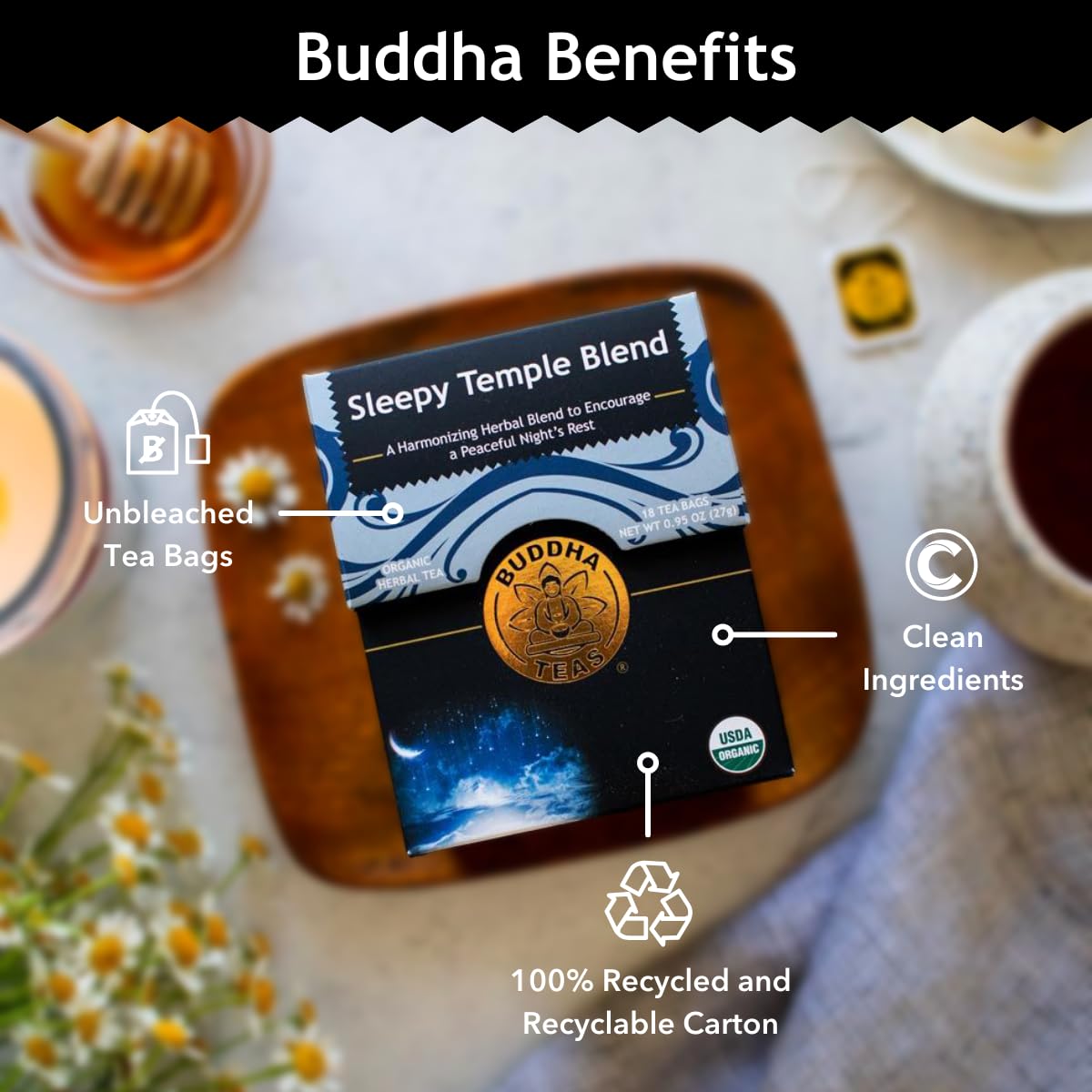 Buddha Teas - Sleepy Temple Blend - Organic Herbal Tea - For Health & Wellbeing - Blend Of Herbs & Flowers - Clean Ingredients - Caffeine Free - Ou Kosher & Organic - Non-Gmo - 18 Bleach-Free Tea Bags