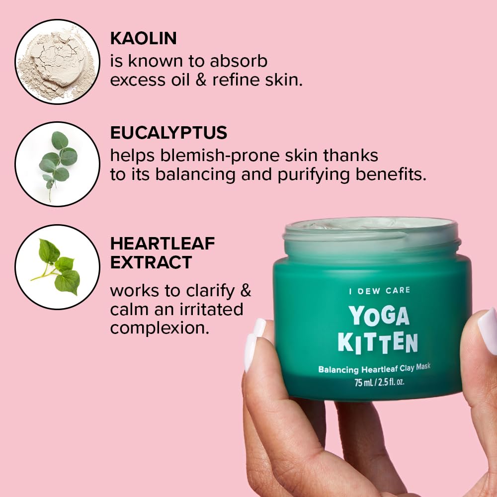 I Dew Care Heartleaf Clay Mask - Yoga Kitten | Wash-Off, For Blemish-Prone With Kaolin, Heartleaf, Tea Tree Extract, Home Spa, Korean Skincare, Glass Skin Look, Soothing, 2.5 Fl Oz : Beauty & Personal Care