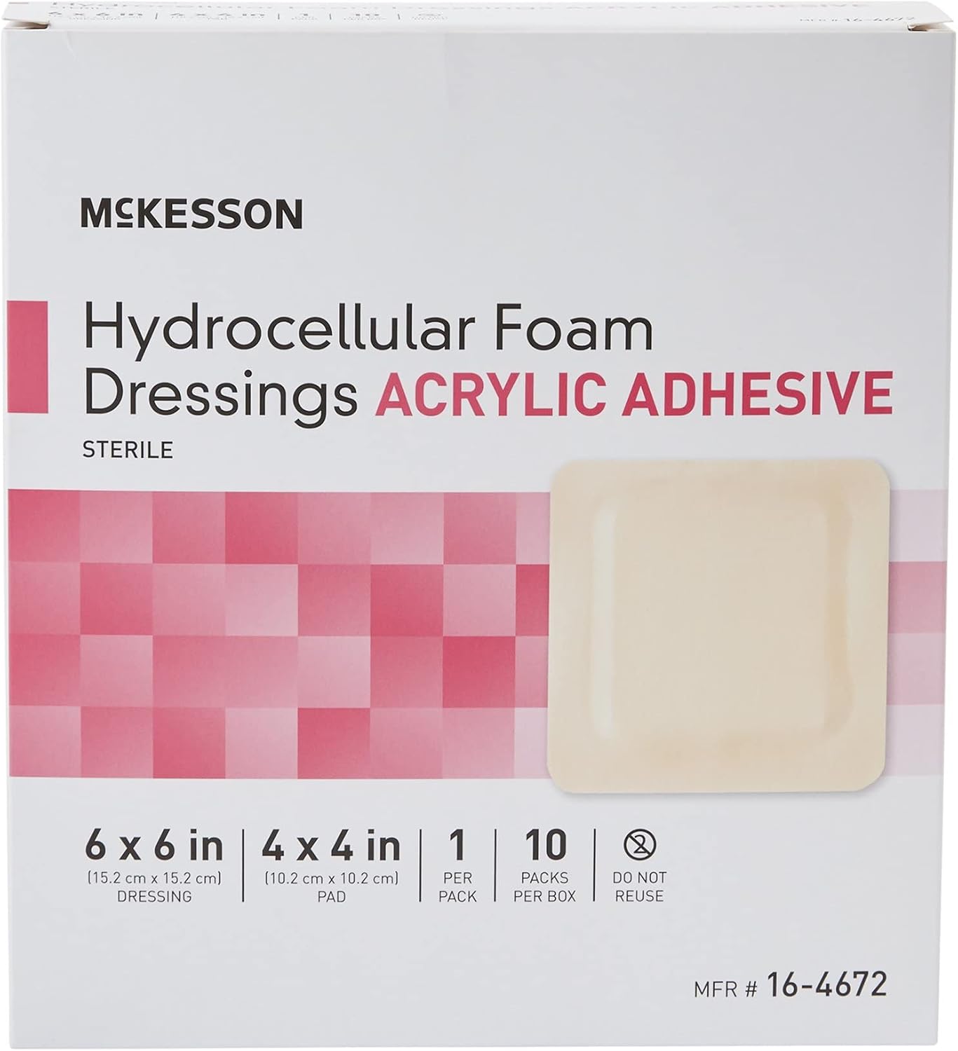 McKesson Hydrocellular Foam Dressings, Sterile, Acrylic Adhesive, Dimension 6 in x 6 in, Pad 4 in x 4 in, 10 Count, 1 Pack : Industrial & Scientific