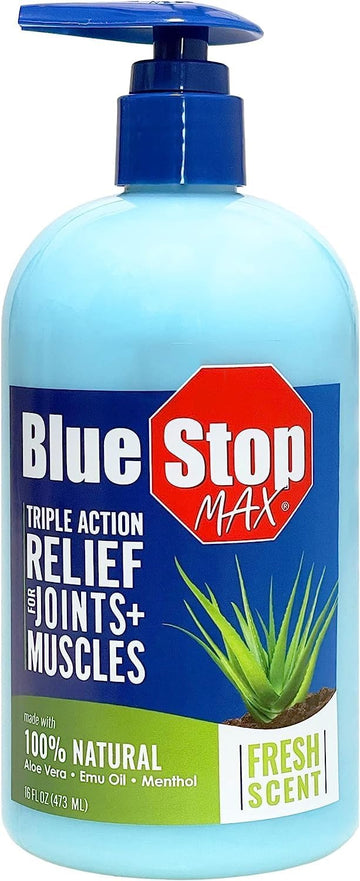 Blue Stop Max Muscle & Joint Relief Gel: Fast-Acting Sore Muscle, Back & Neck Relief Cream, Numbing Emu Oil Formula for Ankle, Leg Cramps, Tennis Elbow - 16 Oz Pump Bottle