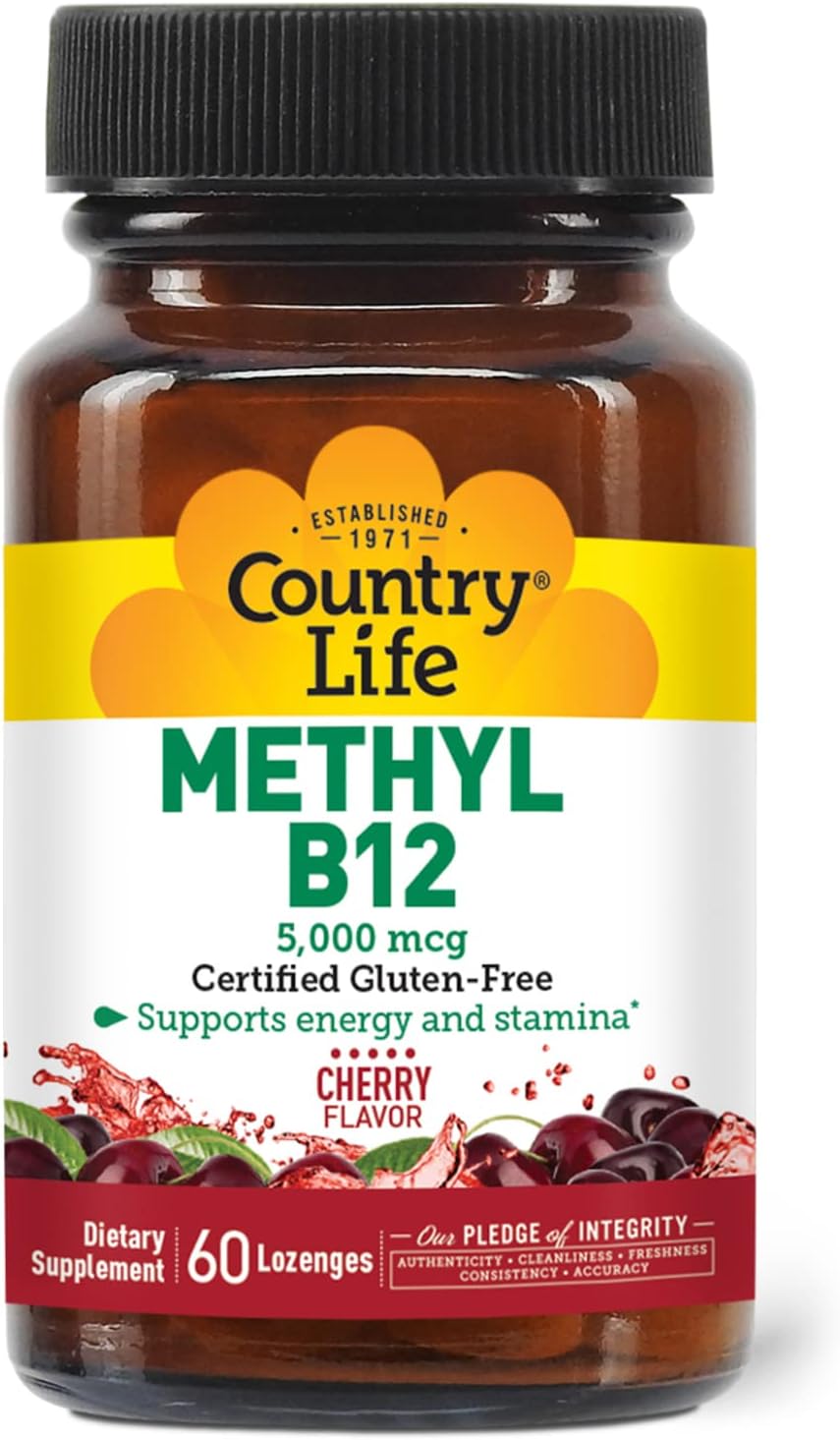 Country Life Methyl B12, Supports Energy & Stamina, 5,000Mcg, 60 Lozenges, Certified Gluten Free, Certified Vegan, Certified Non-Gmo Verified