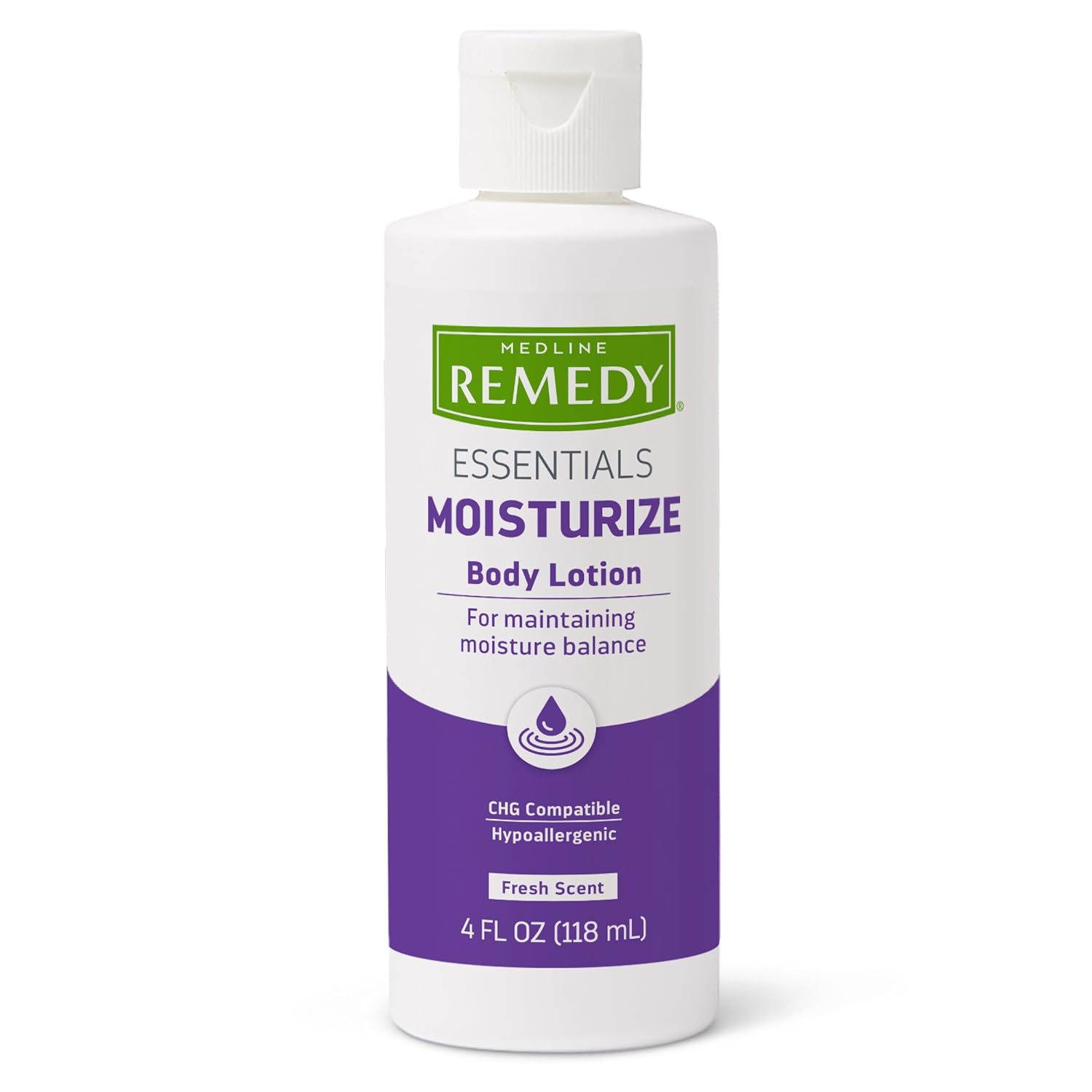 Medline Remedy Essentials Moisturizing Body Lotion (4 oz Bottle), 48 Count, Fresh Scent, Hydrating, Non-Greasy, For Dry Skin, Hypoallergenic, Men, Women, Elderly