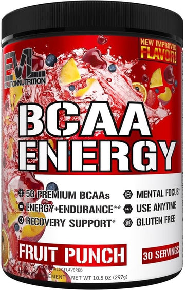 Evl Bcaas Amino Acids Powder - Bcaa Energy Pre Workout Powder For Muscle Recovery Lean Growth And Endurance - Rehydrating Bcaa Powder Post Workout Recovery Drink With Natural Caffeine - Fruit Punch