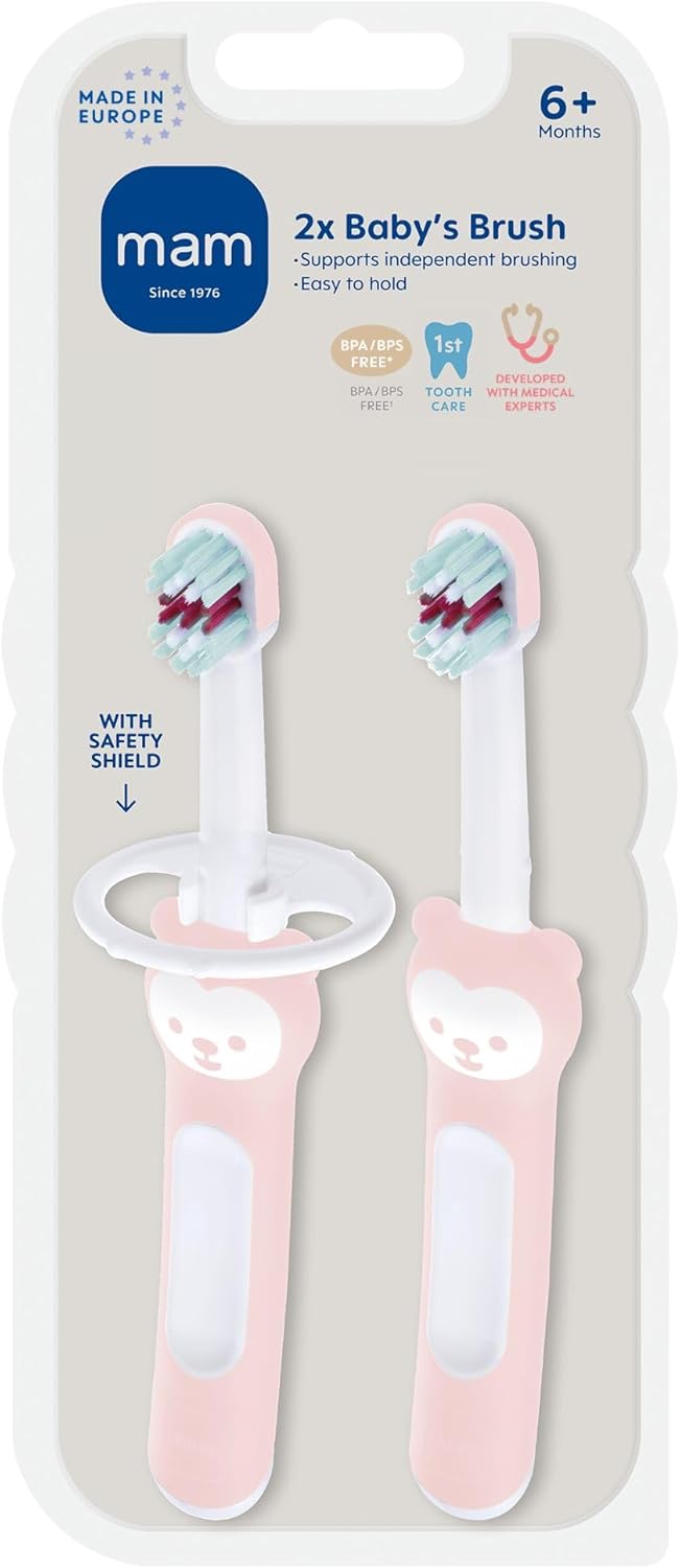 Mam Baby Toothbrushes (2 Baby'S Brushes And 1 Safety Shield), Toothbrushes With Brushy The Bear Character, Interactive App, For Boys 6+ Months, Blue