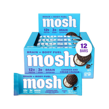 Mosh Cookies And Cream Crunch Bars, 12G Grass-Fed Protein, Keto Snack, Gluten-Free, No Added Sugar, Lion'S Mane, B12 Vitamins, Supports Brain Health, Workout Recovery, Breakfast To-Go (12 Bars)…