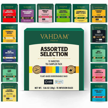 Vahdam, Tea Variety Pack - 15 Flavors Pyramid Tea Bags | Assorted Tea Sampler | Black Tea, Green Tea, Oolong Tea, Chai Tea | Long Leaf Pyramid Tea Bags Variety Pack | Gifts For Women & Men, Tea Set