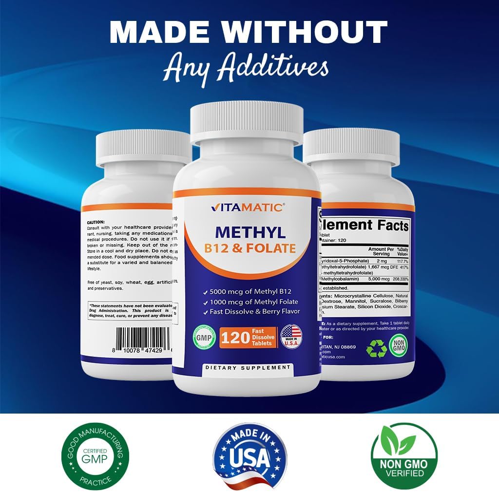 Vitamatic Methyl Folate & B12 Supplement with Pyridoxal 5 Phosphate (P-5-P) - Promotes Cardiovascular Health & Energy Metabolism - 120 Fast Dissolve Tablets - Non GMO & Gluten Free : Health & Household