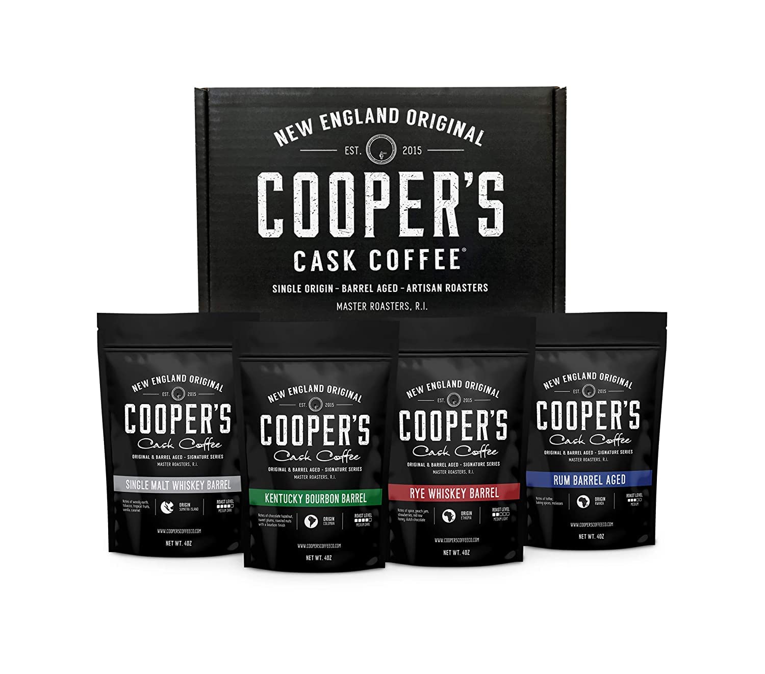 Bourbon & Whiskey Barrel Aged Coffee - 4-Bag Roasted Coffee Beans Set - Single Origin Bourbon Colombian, Malt Whiskey Sumatra, Rye Whiskey Ethiopian, Rum Barrel Rwanda, (Ground, 4 Ounce (Pack Of 4))