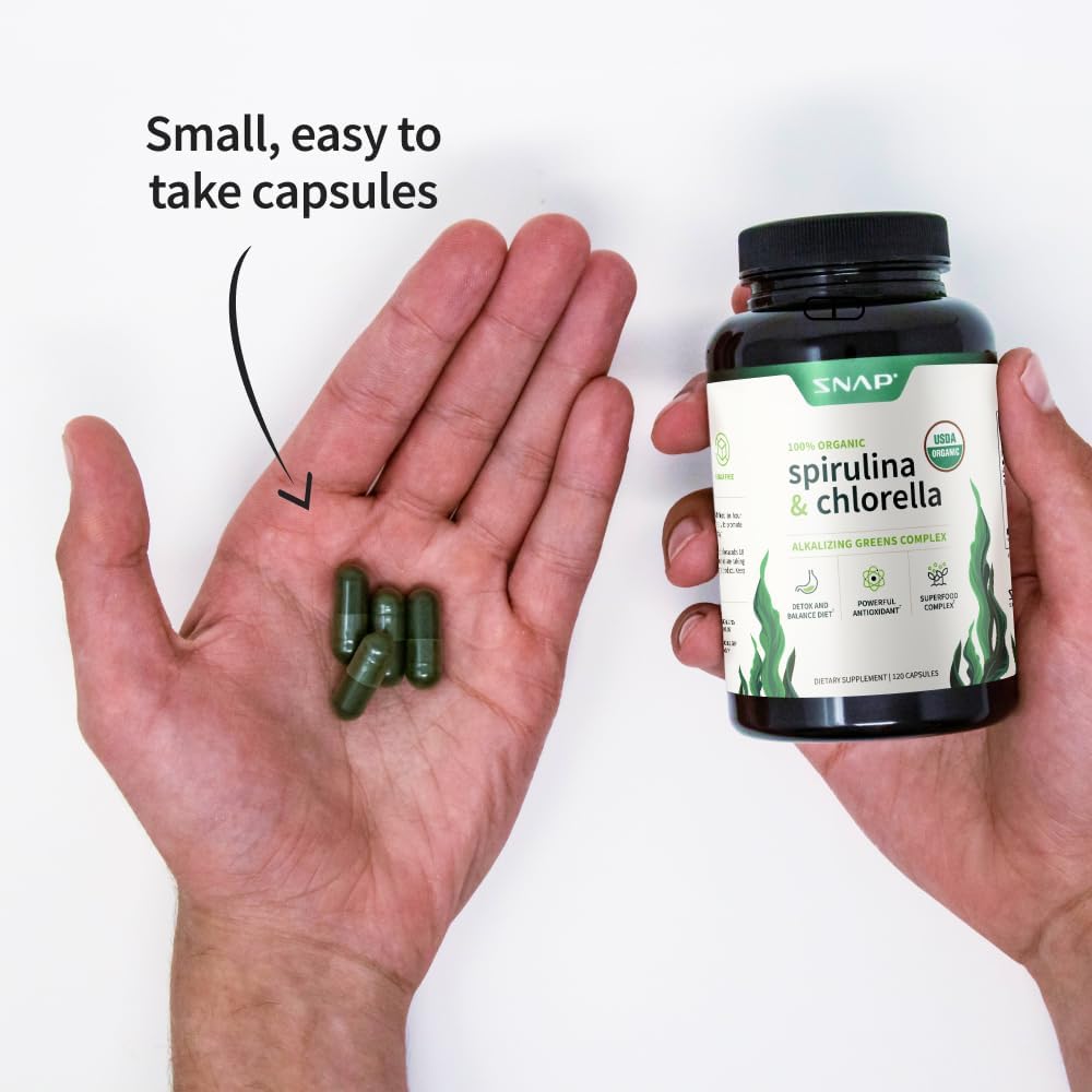 Snap Supplements USDA Organic Spirulina Chlorella Capsules - Green Superfoods for Natural Energy and Metabolic Health, 120 Capsules : Health & Household